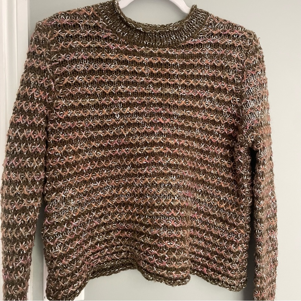 LAST CHANCE Earthbound Chunky Green White Pink Mock Neck Knit Sweater